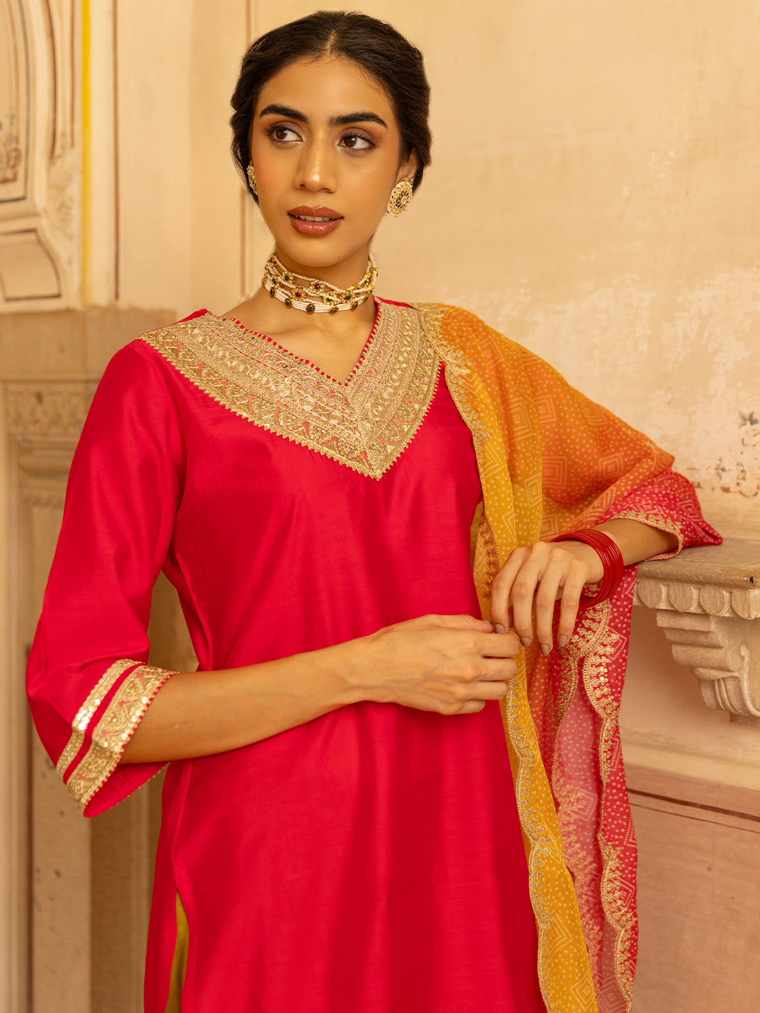 Ethnic Embroidered Straight Fit Kurta with Palazzo and Dupatta - Pink