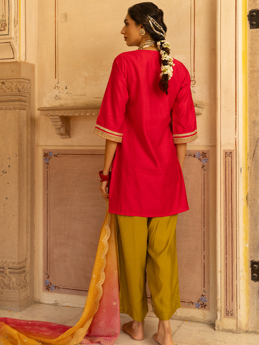 Ethnic Embroidered Straight Fit Kurta with Palazzo and Dupatta - Pink
