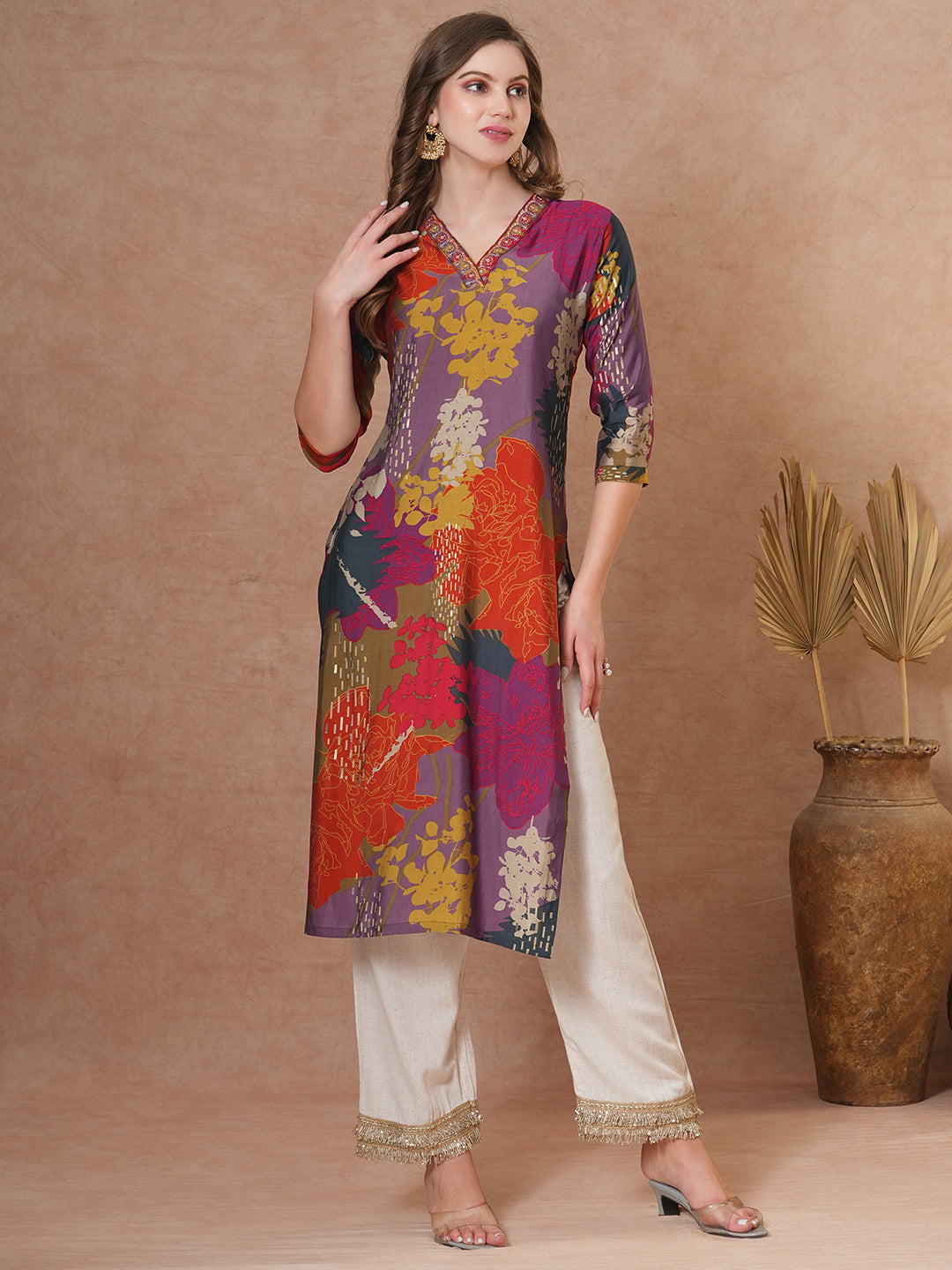 Abstract Floral Printed & Embroidered Straight Fit Kurta - Multi