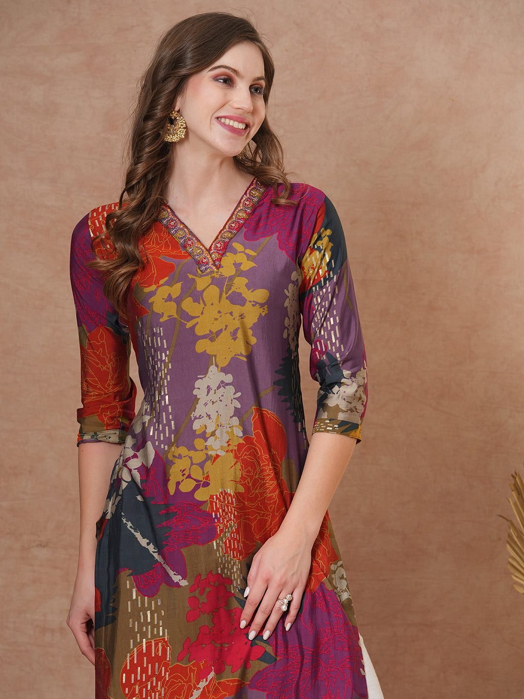 Abstract Floral Printed & Embroidered Straight Fit Kurta - Multi