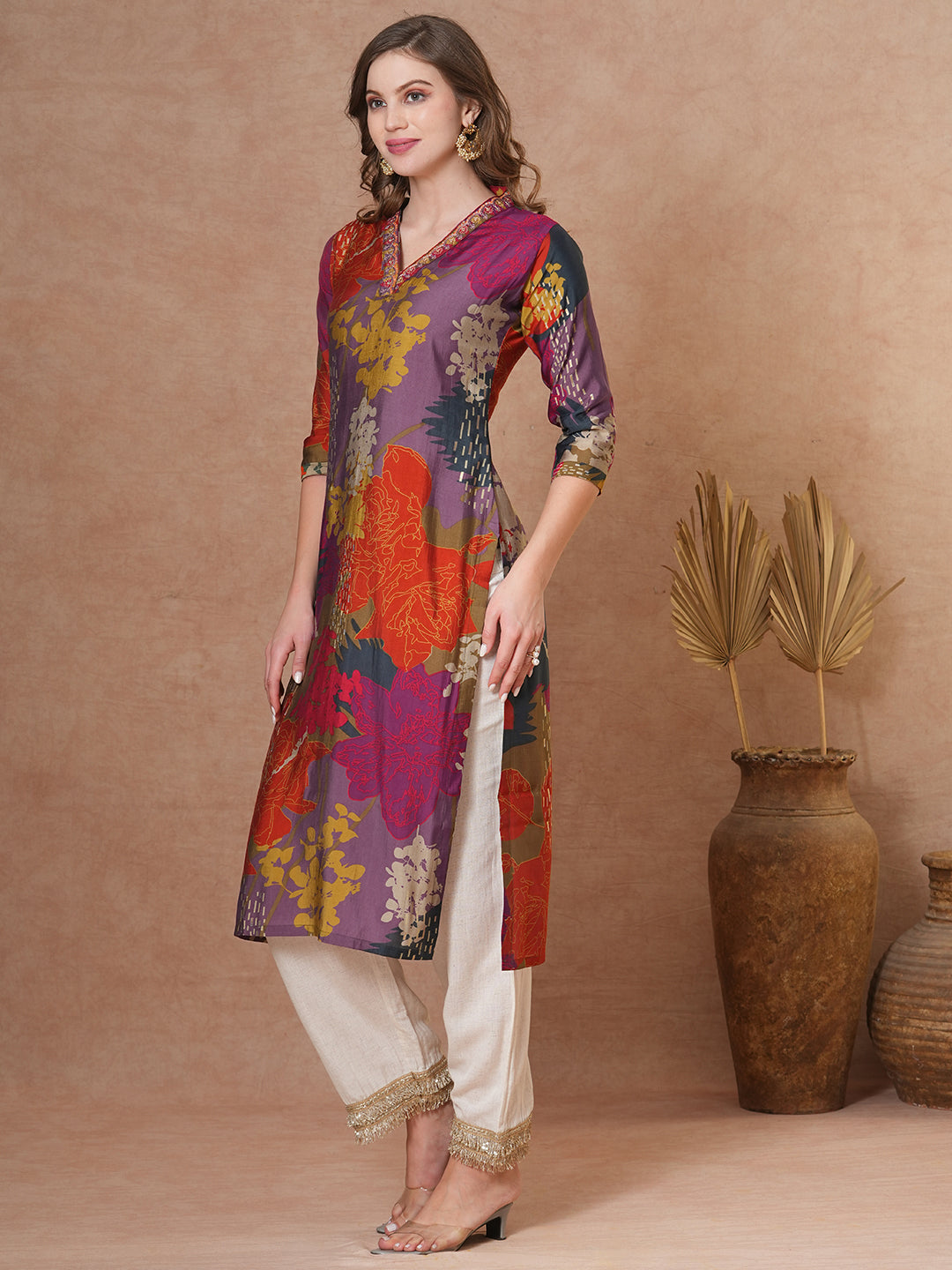 Abstract Floral Printed & Embroidered Straight Fit Kurta - Multi
