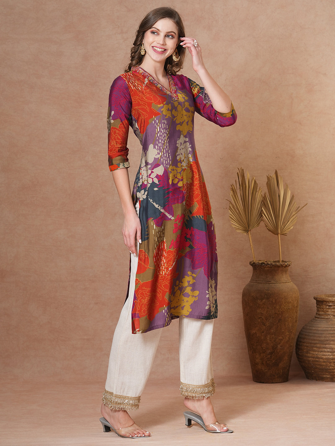 Abstract Floral Printed & Embroidered Straight Fit Kurta - Multi