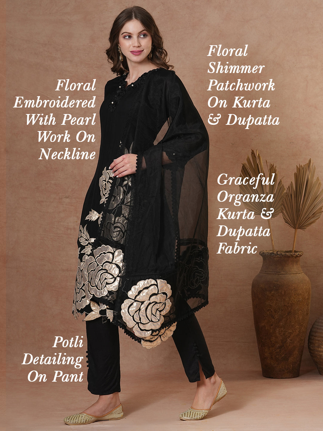 Solid Black Floral Shimmer Patchworked Kurta with Pant & Dupatta - Black