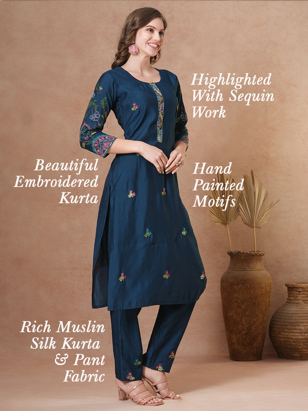 Solid Floral Embroidered & Hand Painted Straight Fit Co-ord Set - Teal Blue