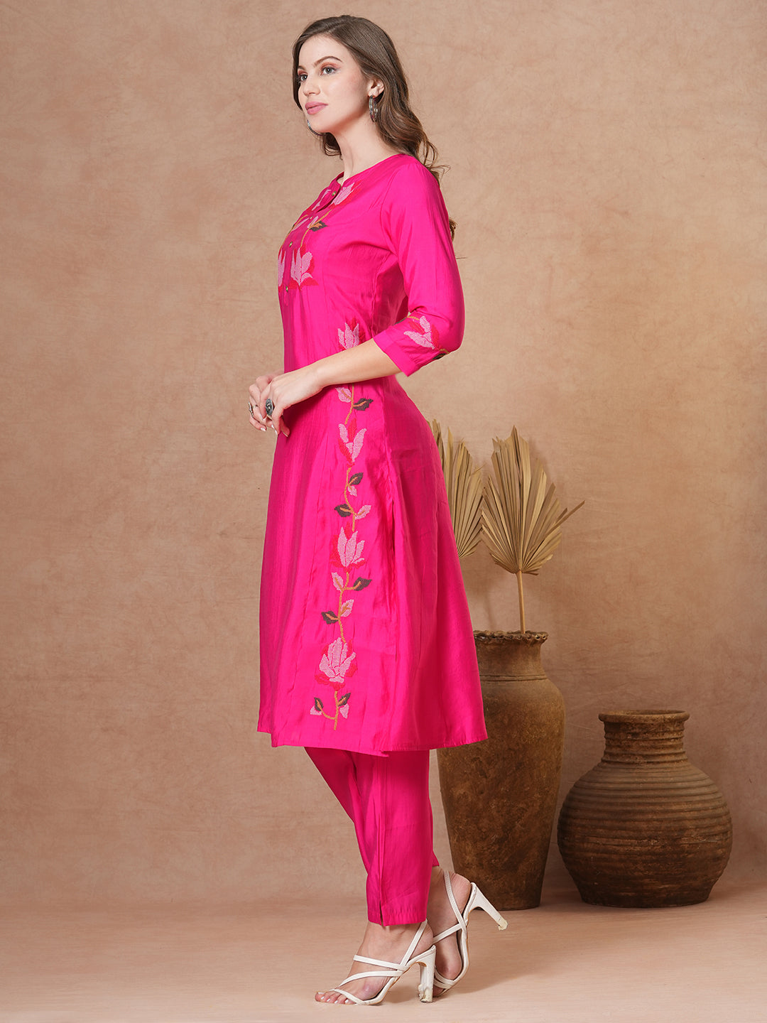 Floral Cross Stitch Embroidered A-Line Co-ord - Pink