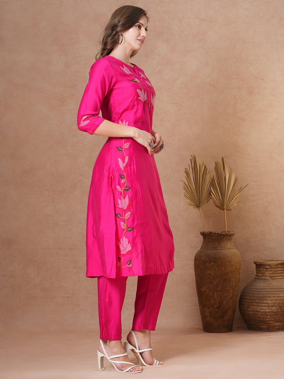Floral Cross Stitch Embroidered A-Line Co-ord - Pink