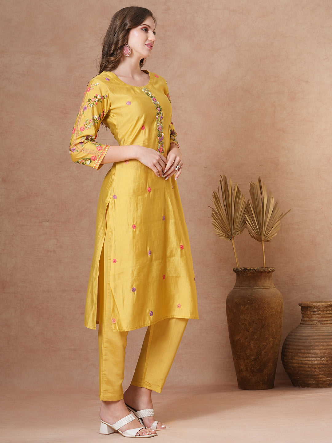 Solid Floral Hand Embroidered Straight Fit Co-ord Set - Yellow