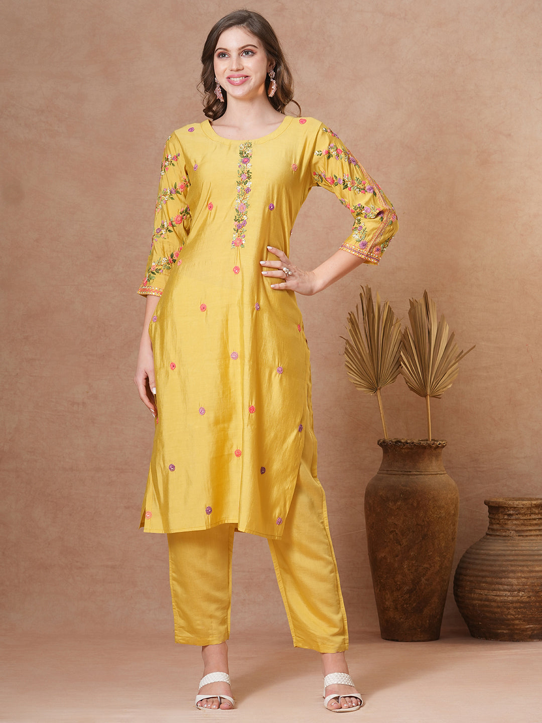 Solid Floral Hand Embroidered Straight Fit Co-ord Set - Yellow