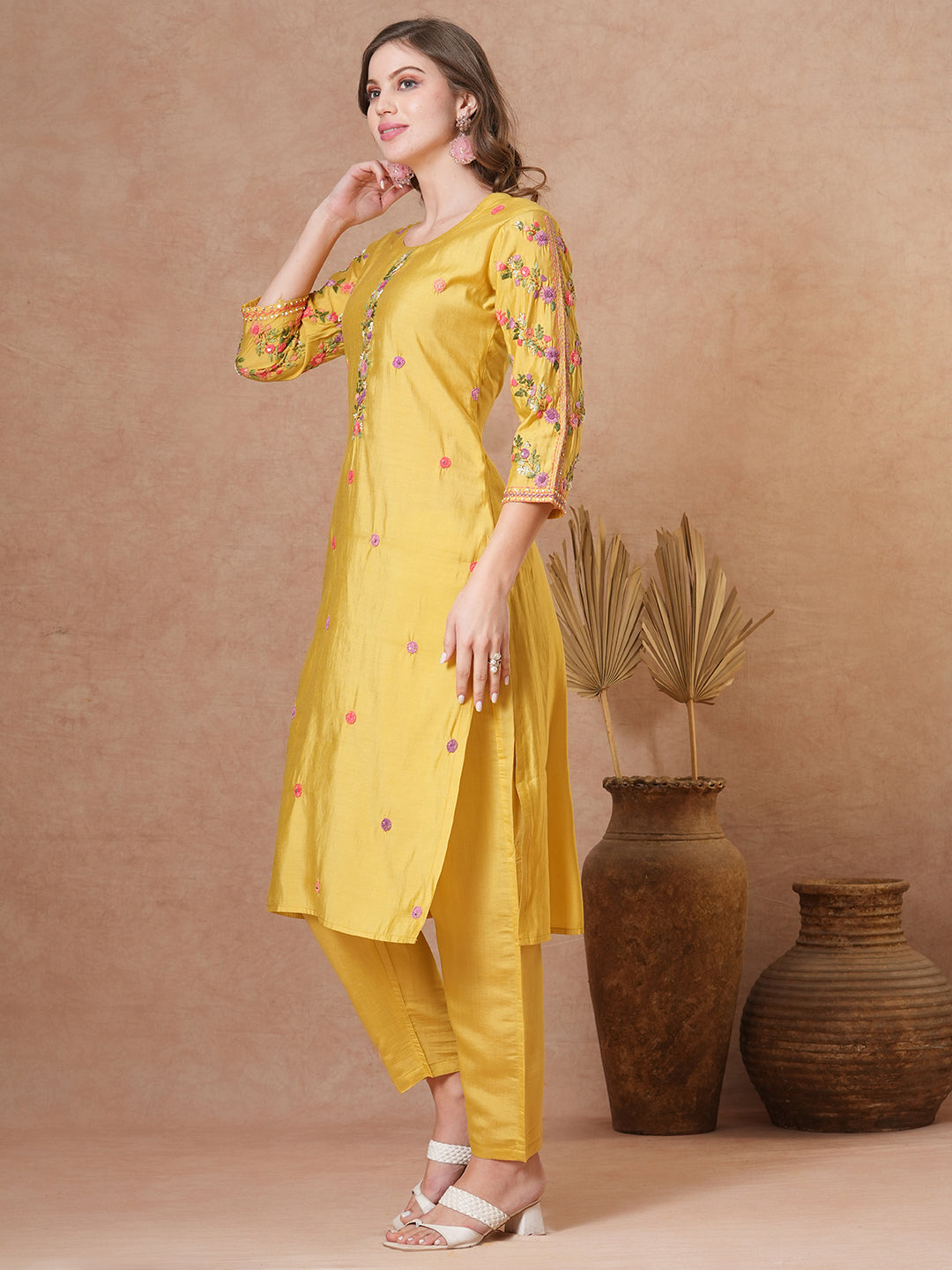 Solid Floral Hand Embroidered Straight Fit Co-ord Set - Yellow