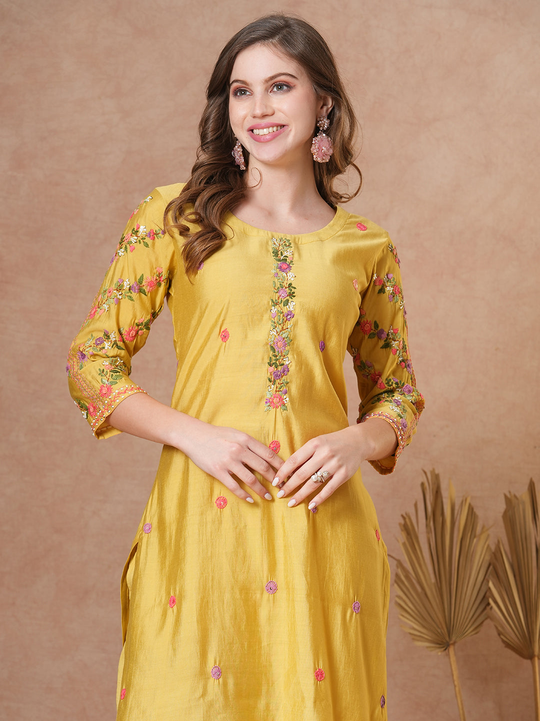 Solid Floral Hand Embroidered Straight Fit Co-ord Set - Yellow