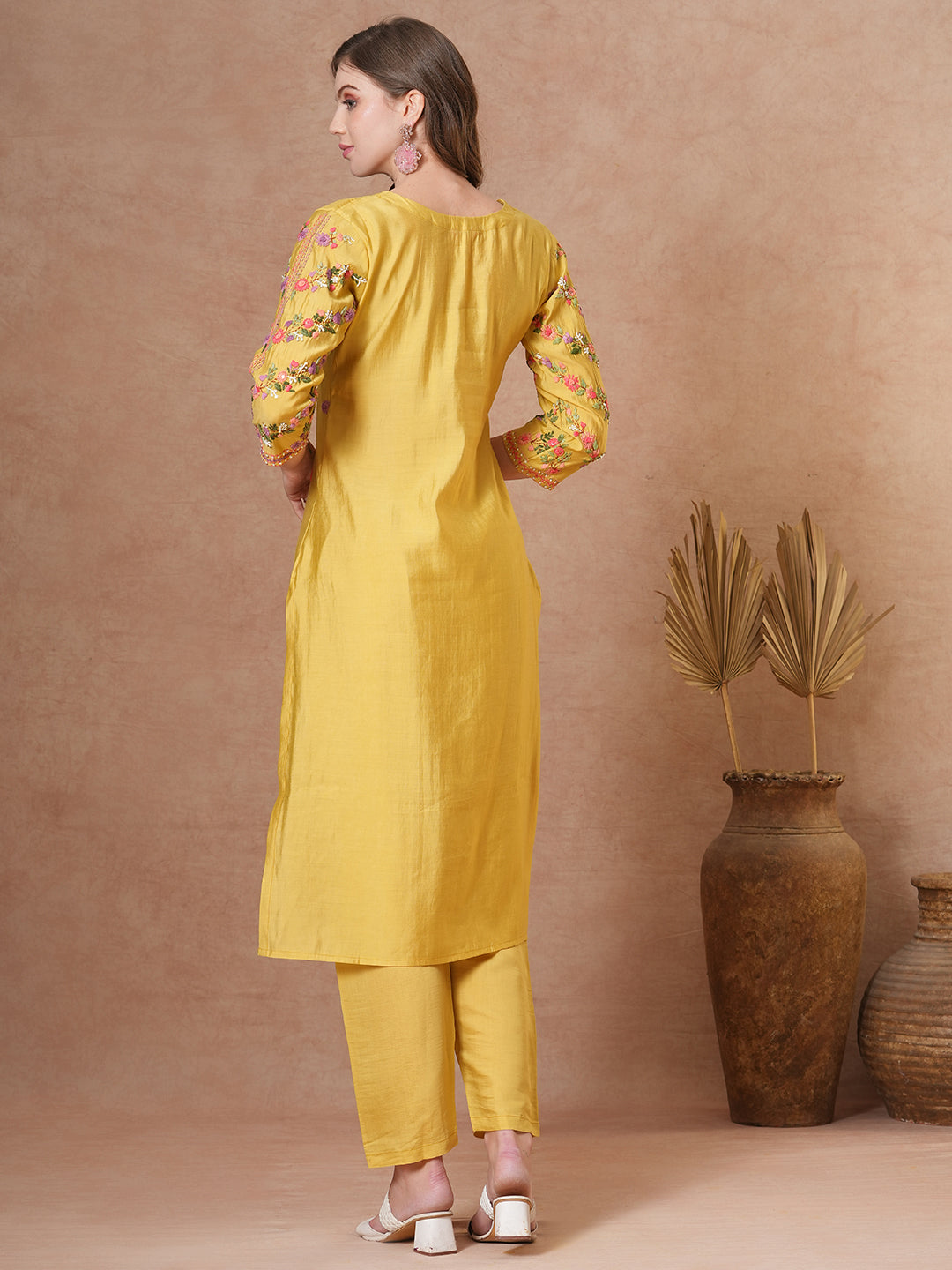 Solid Floral Hand Embroidered Straight Fit Co-ord Set - Yellow