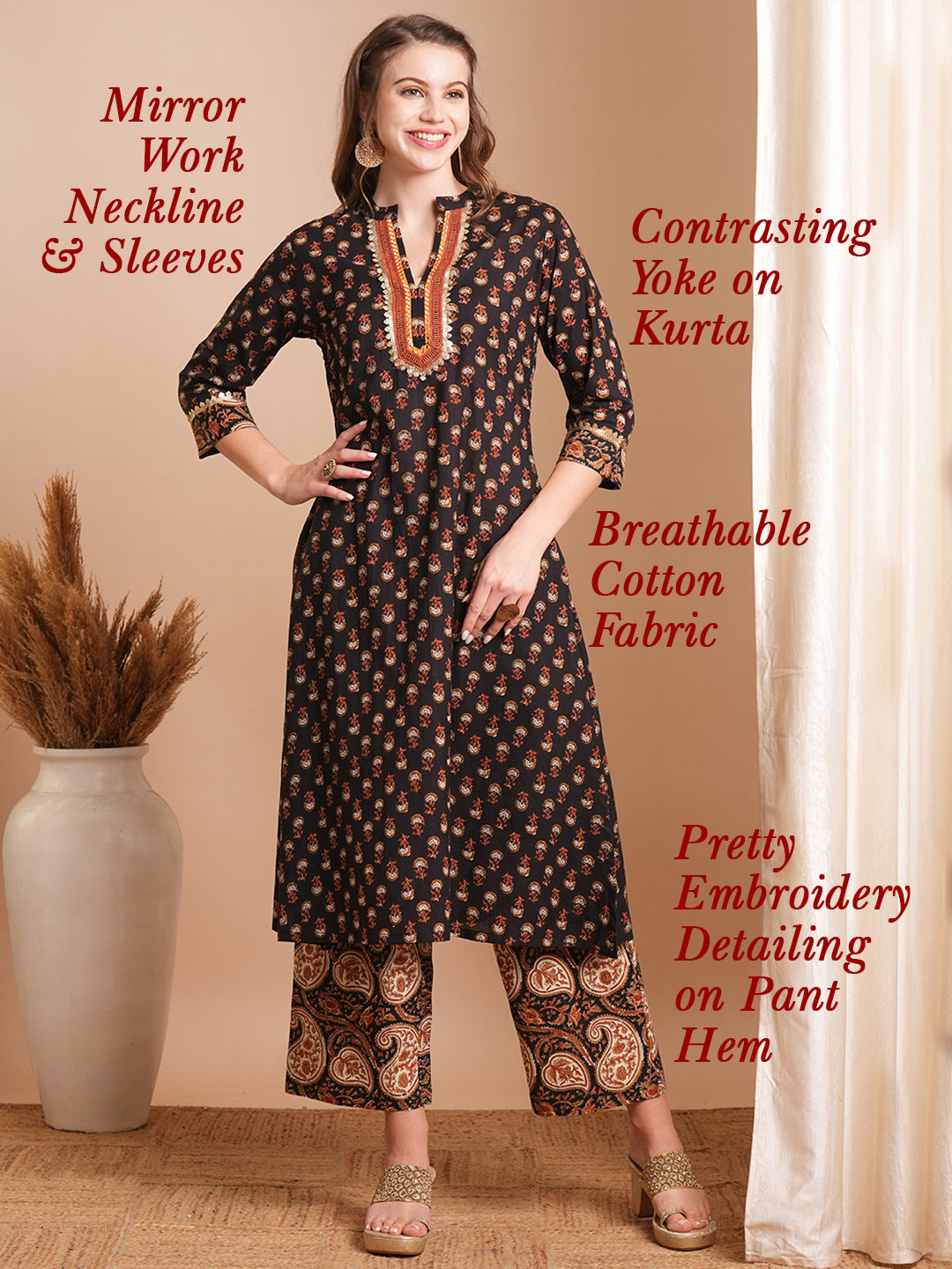 Ethnic Floral Printed A-Line Kurta with Palazzo - Black