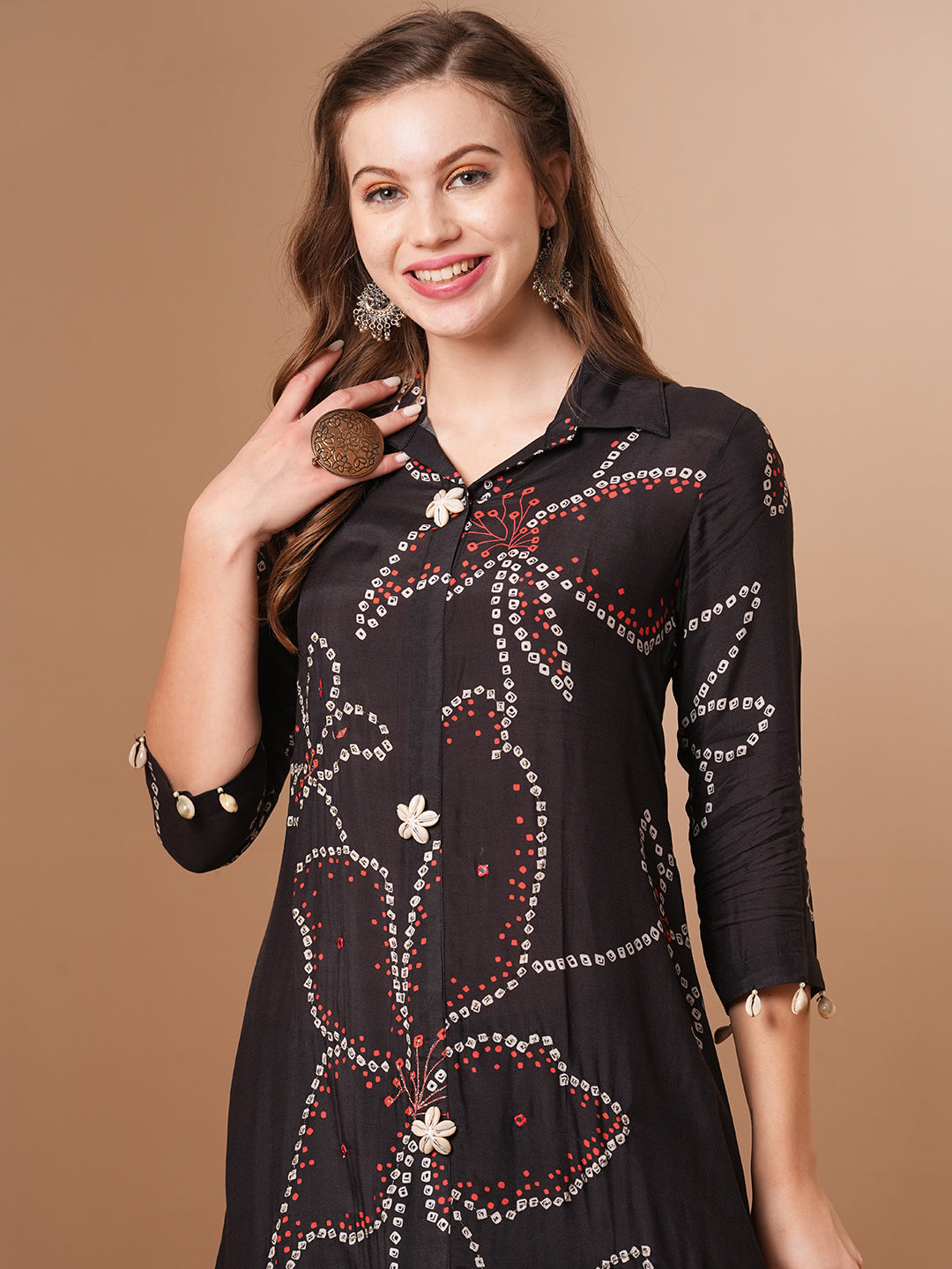 Ethnic Bandhani Printed & Embroidered Straight Fit Kurta with Pant - Black