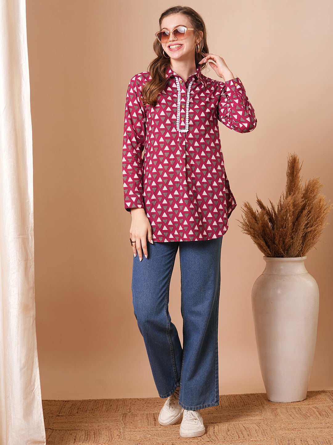 Geometric Printed A-Line Short Kurti - Magenta