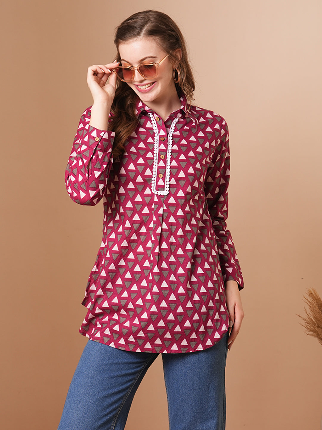 Geometric Printed A-Line Short Kurti - Magenta