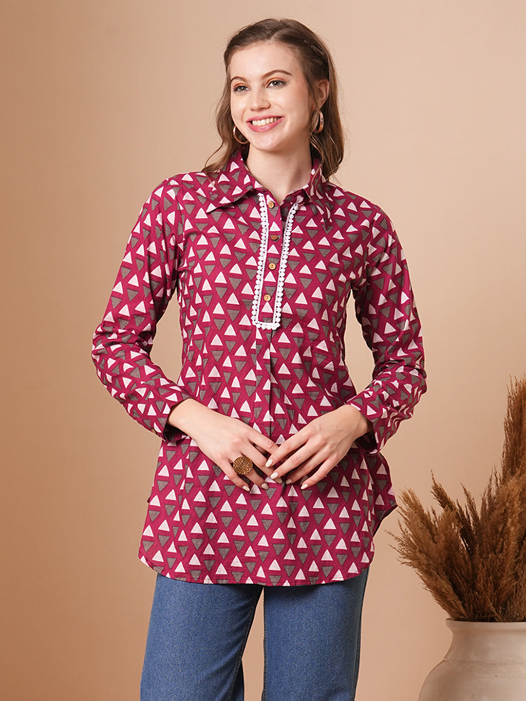 Geometric Printed A-Line Short Kurti - Magenta