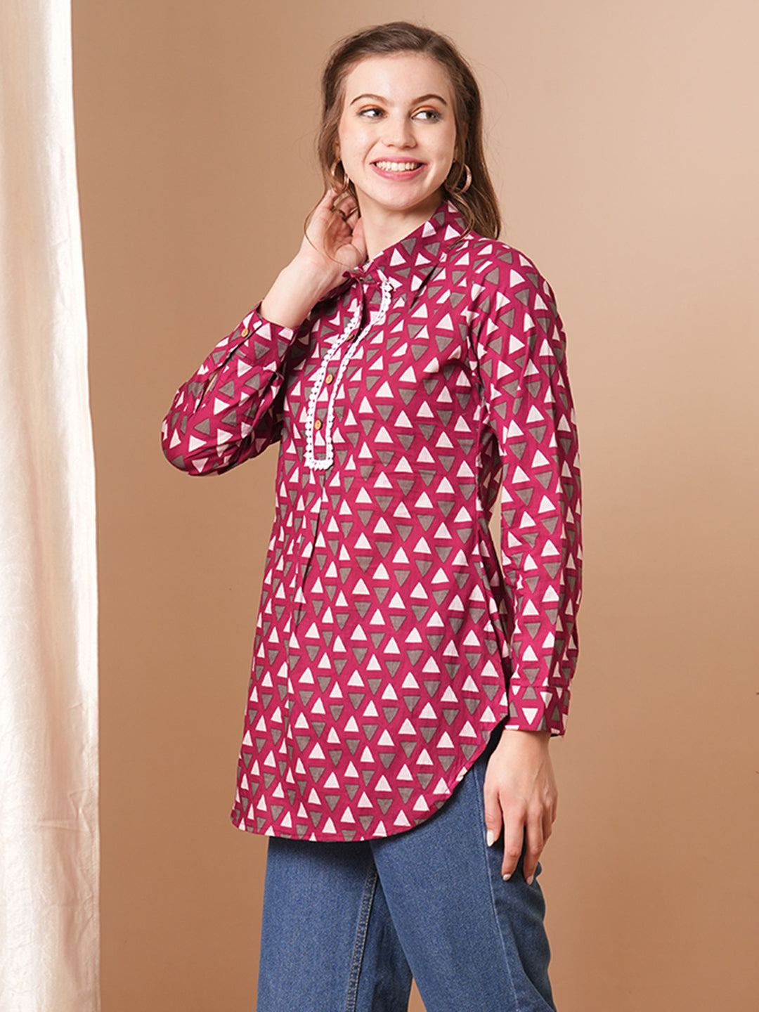 Geometric Printed A-Line Short Kurti - Magenta