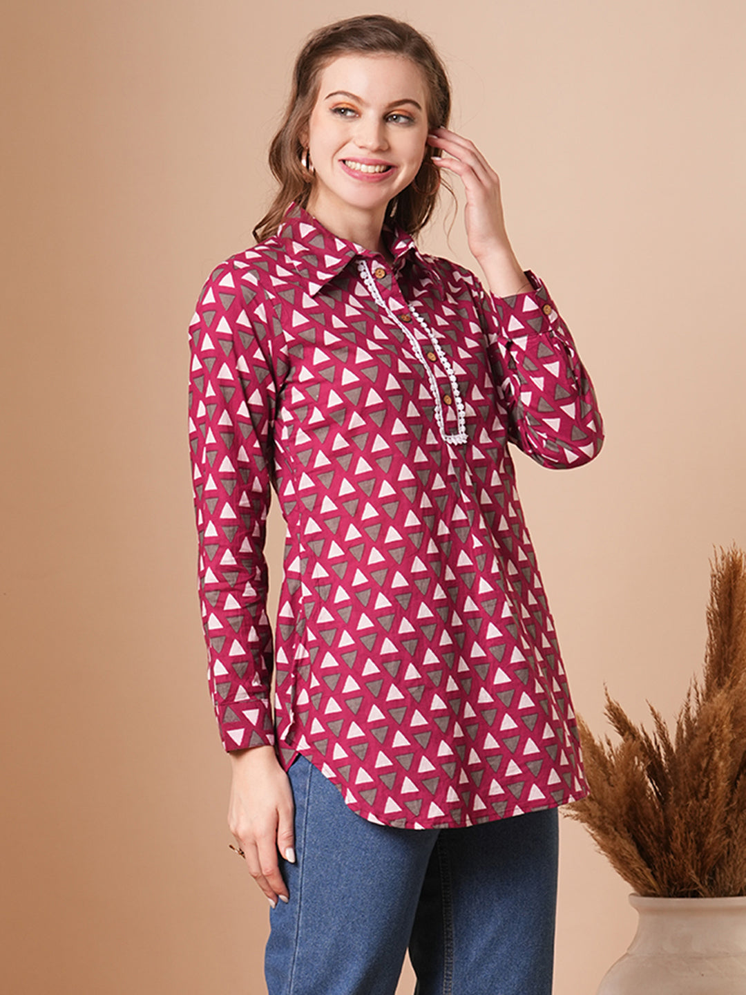 Geometric Printed A-Line Short Kurti - Magenta