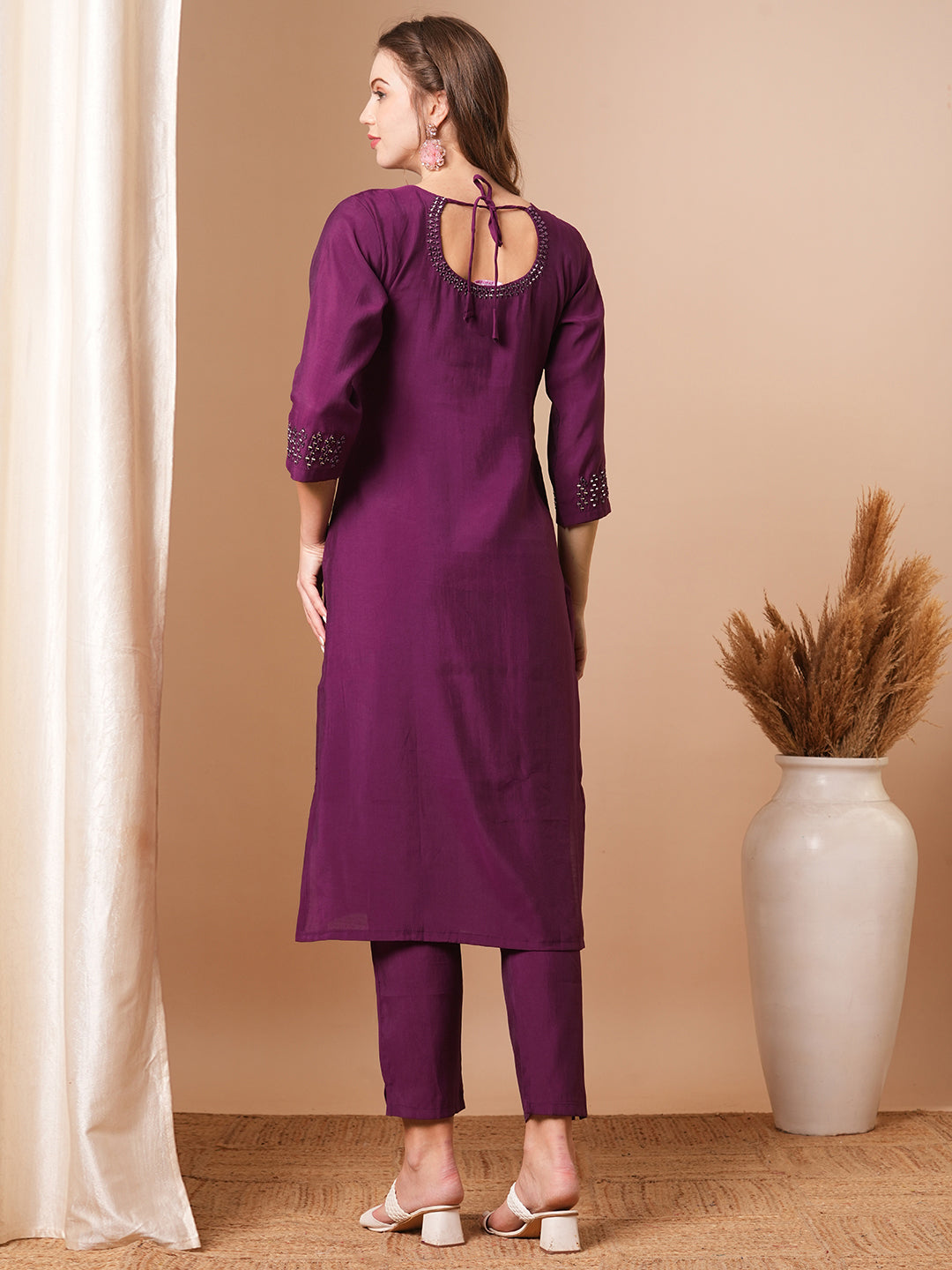 Solid Mirror Embroidered Straight Fit Kurta with Pant - Purple