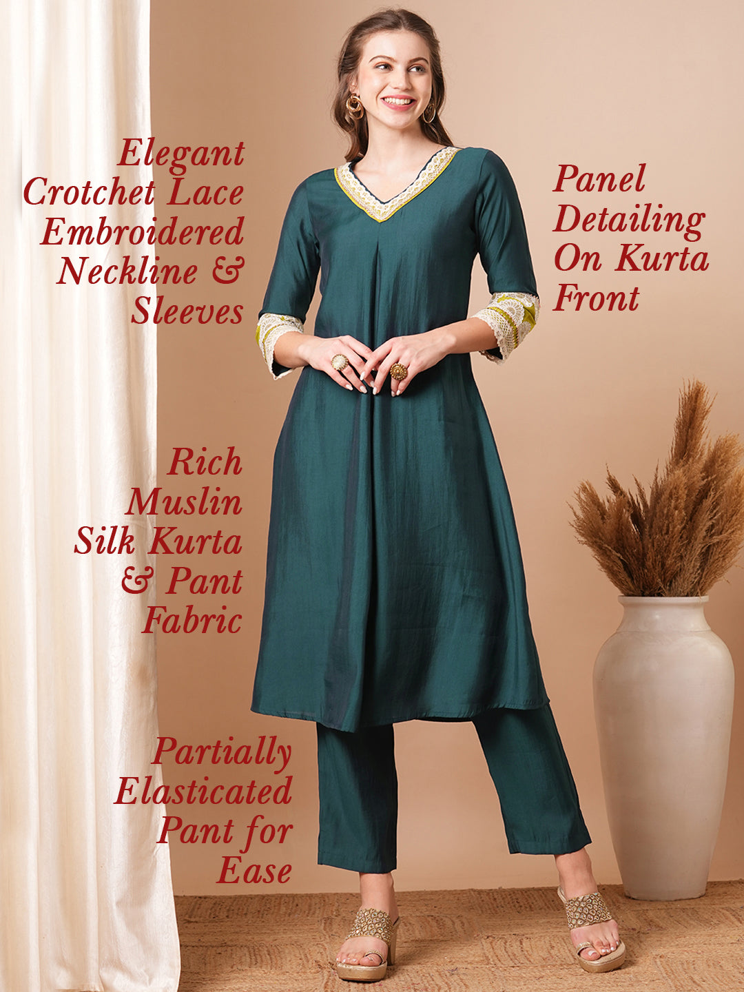 Solid Ethnic Embroidered Straight Fit Kurta with Pant - Green
