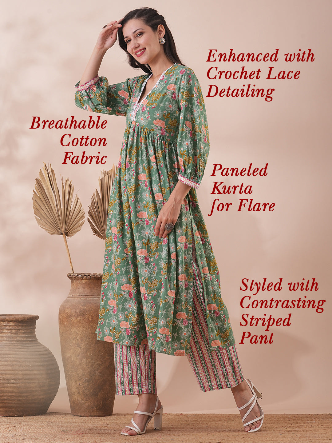 Ethnic Floral & Stripes Printed A-Line Pleated Kurta with Palazzo - Green