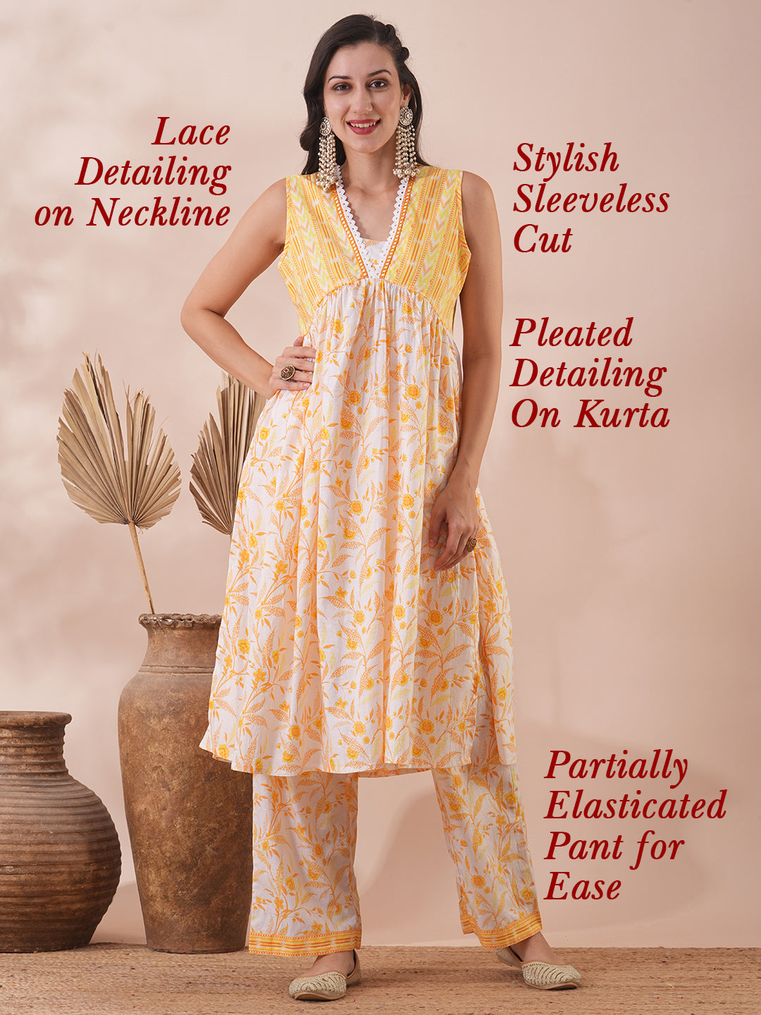 Ethnic Floral & Stripes Printed A-Line Co-ord Set - Yellow