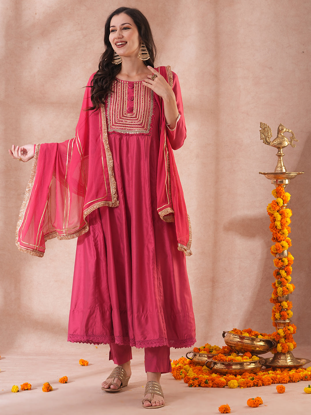 Solid Ethnic Embroidered Anarkali Flared Kurta with Pant & Dupatta - Pink