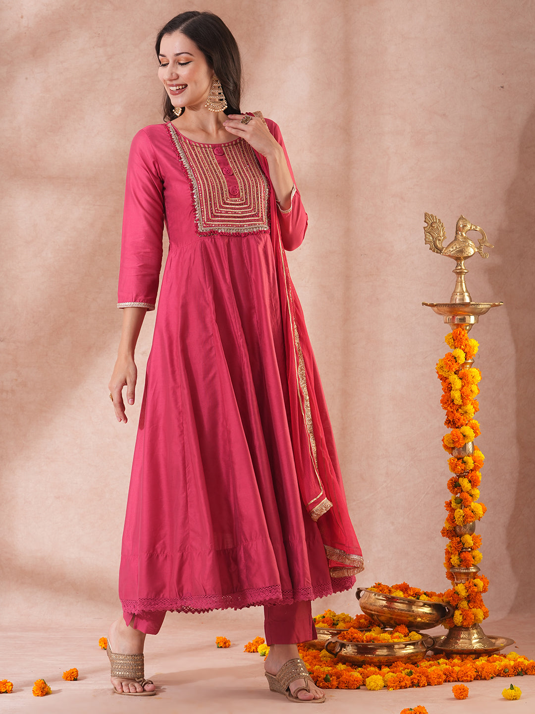 Solid Ethnic Embroidered Anarkali Flared Kurta with Pant & Dupatta - Pink