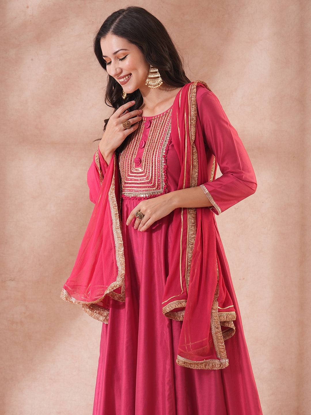 Solid Ethnic Embroidered Anarkali Flared Kurta with Pant & Dupatta - Pink