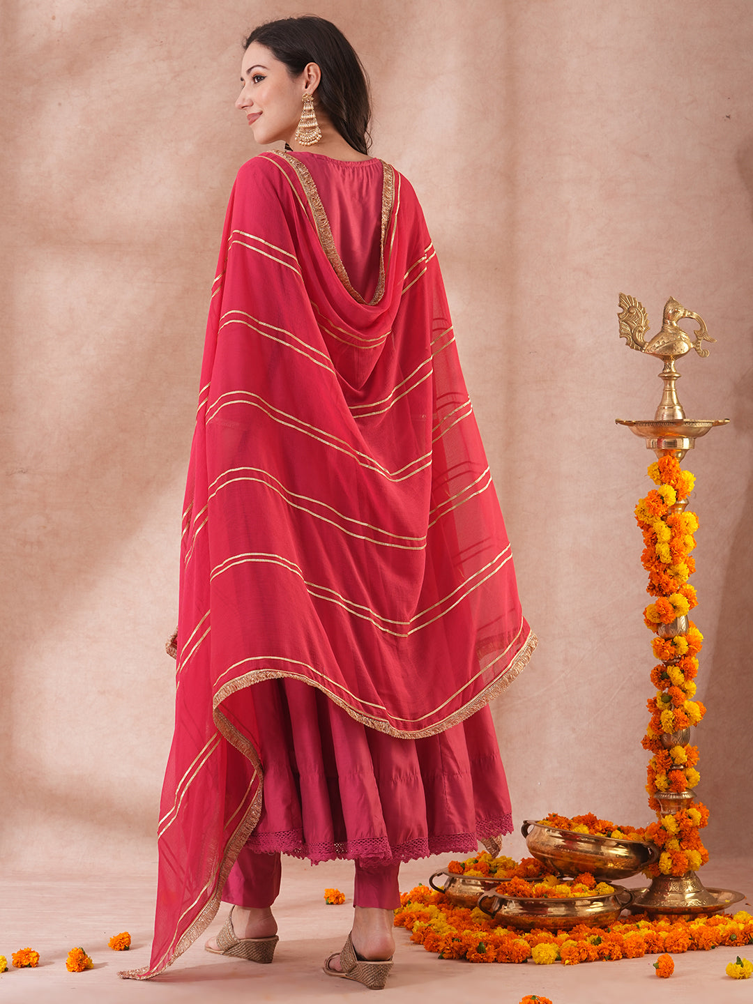 Solid Ethnic Embroidered Anarkali Flared Kurta with Pant & Dupatta - Pink