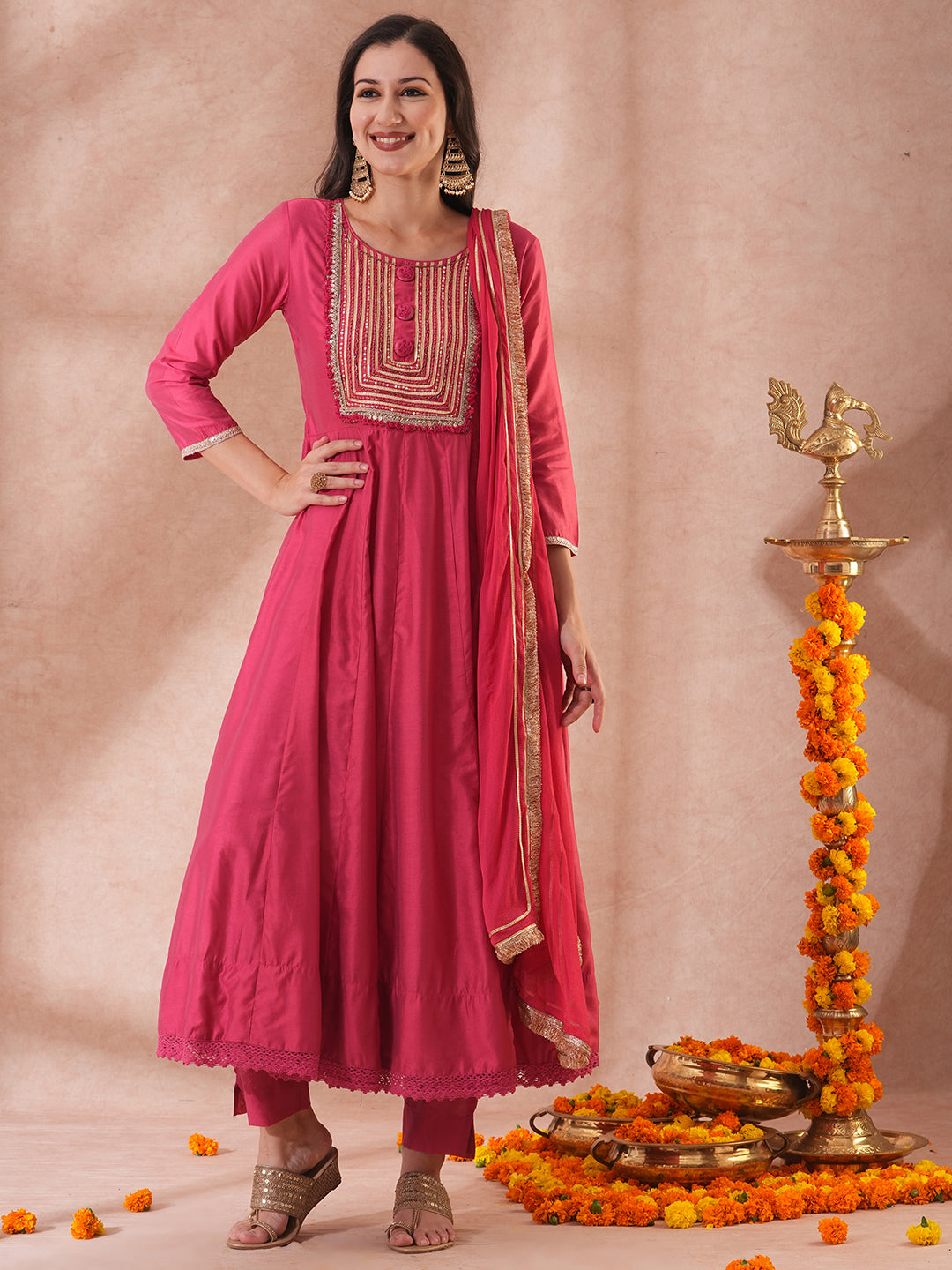 Solid Ethnic Embroidered Anarkali Flared Kurta with Pant & Dupatta - Pink