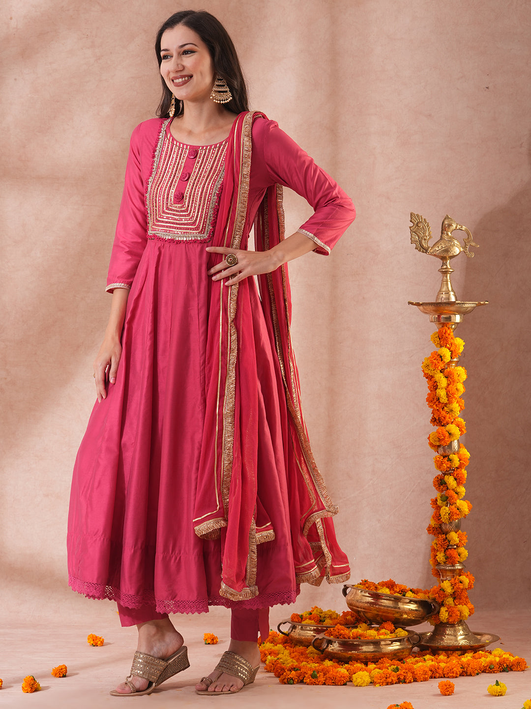 Solid Ethnic Embroidered Anarkali Flared Kurta with Pant & Dupatta - Pink