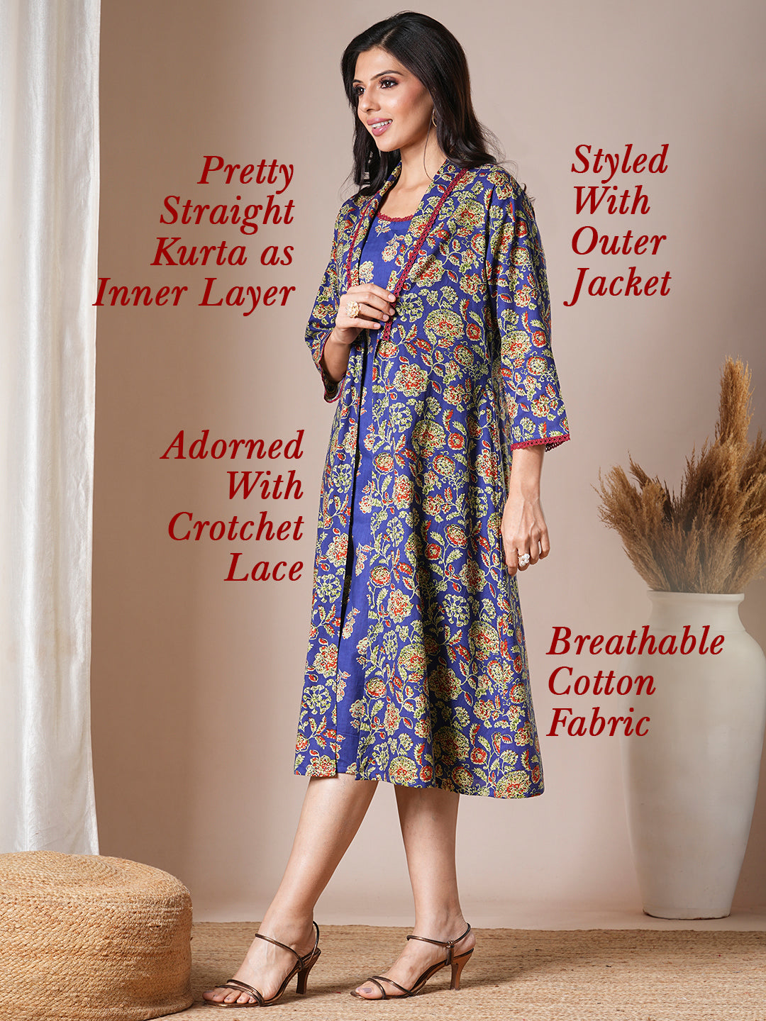 Ethnic Floral Printed Straight Kurta with A-Line Jacket - Blue