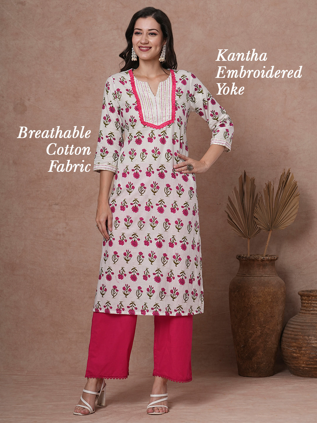 Ethnic Floral Printed & Kantha Embroidered Straight Kurta - White