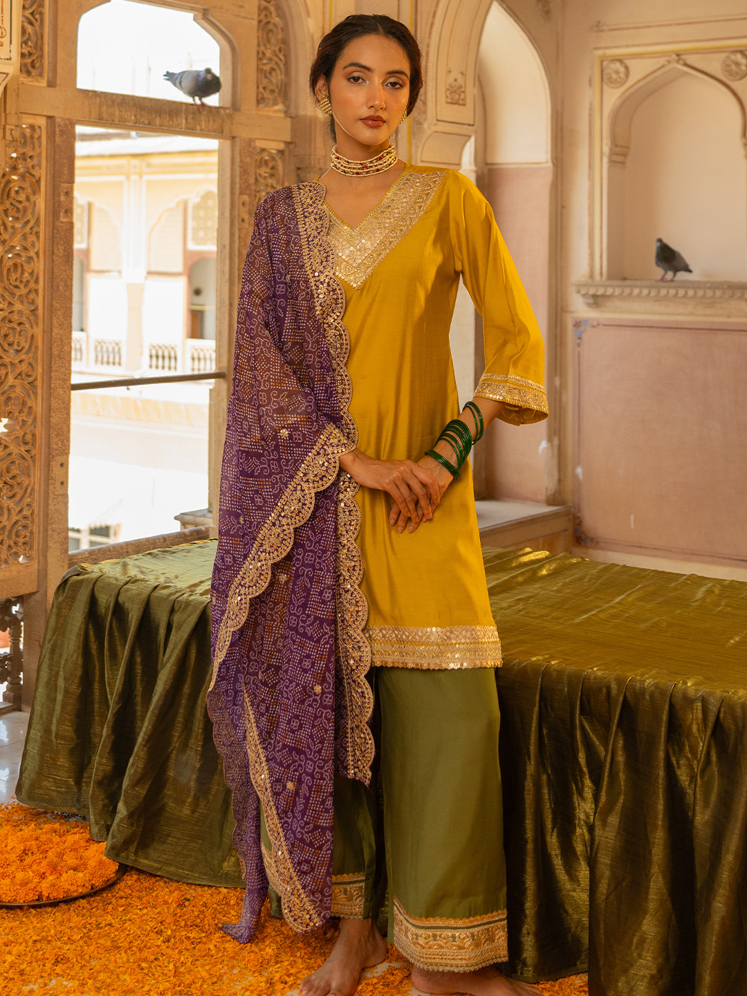 Solid Ethnic Embroidered Straight Fit Kurta with Palazzo and Bandhani Dupatta - Yellow