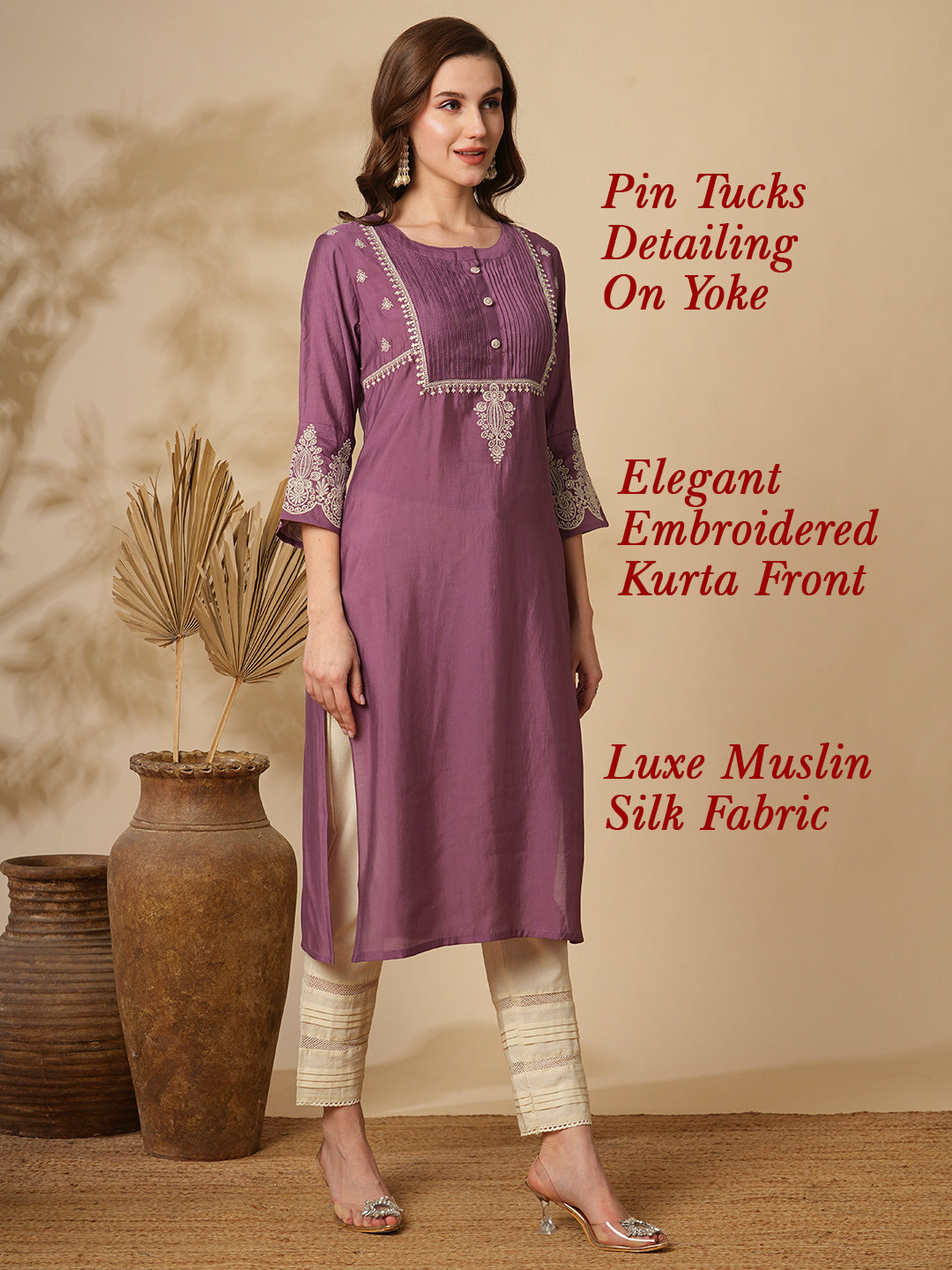 Solid Floral Embroidered Straight Fit Kurta - Purple