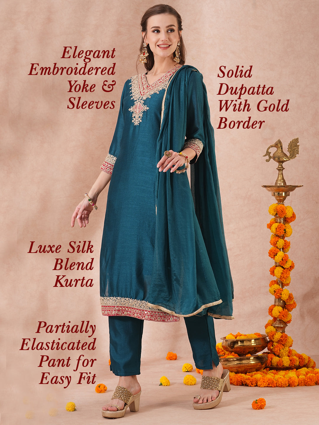 Solid Ethnic Embroidered Straight Fit Kurta with Pant & Dupatta - Teal Blue