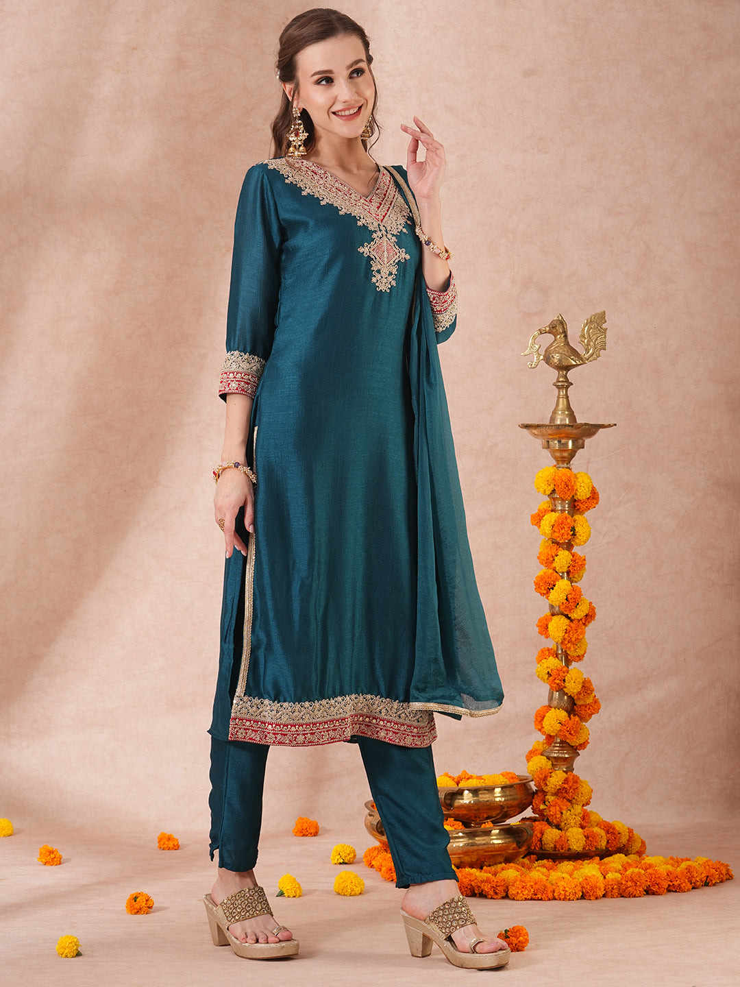 Solid Ethnic Embroidered Straight Fit Kurta with Pant & Dupatta - Teal Blue