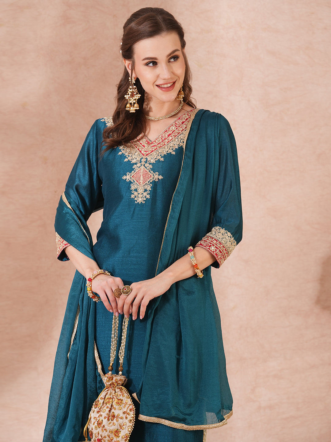 Solid Ethnic Embroidered Straight Fit Kurta with Pant & Dupatta - Teal Blue
