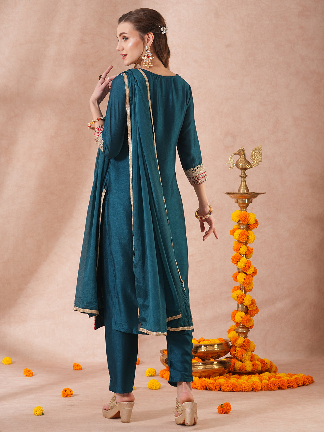 Solid Ethnic Embroidered Straight Fit Kurta with Pant & Dupatta - Teal Blue