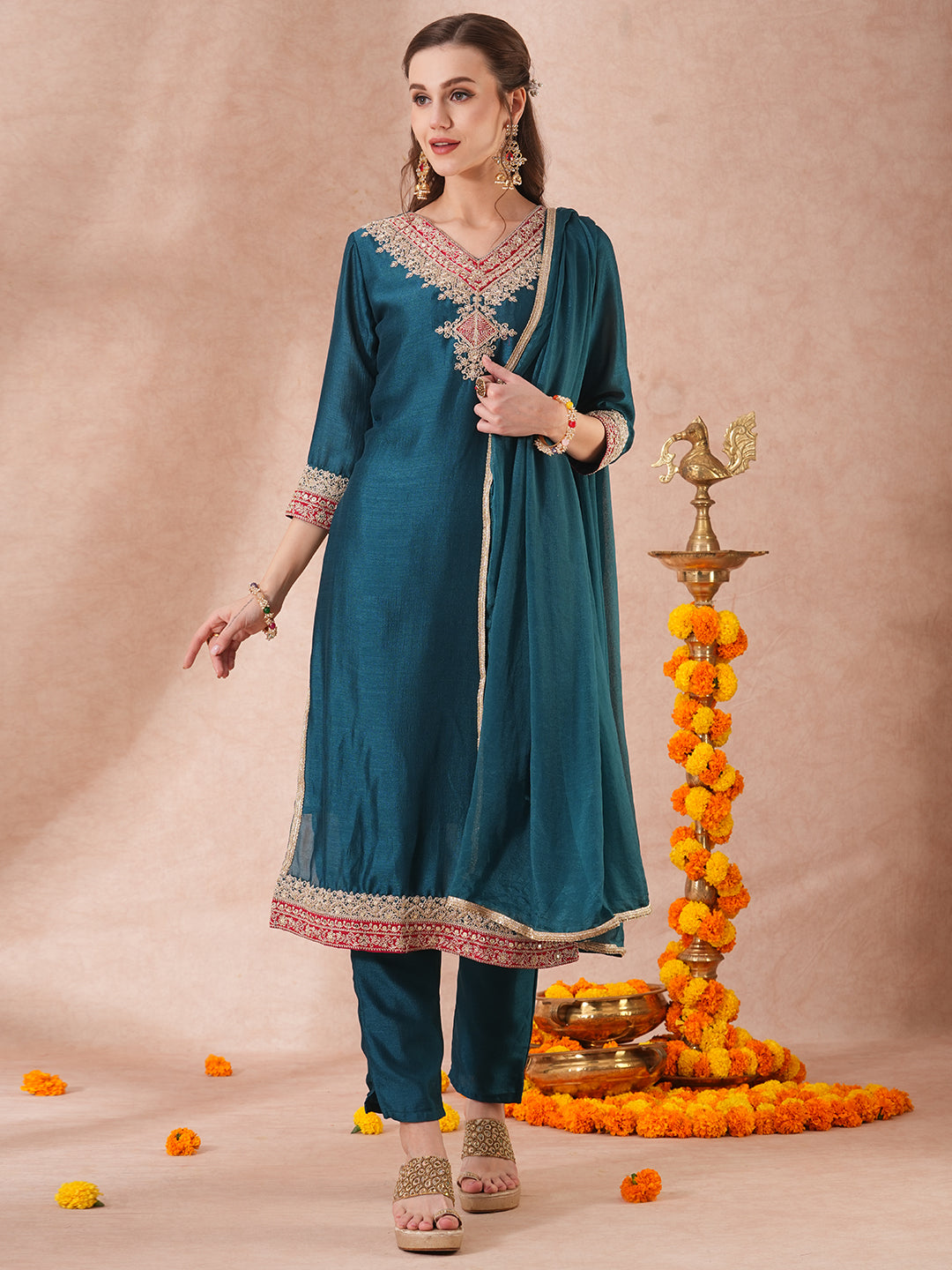 Solid Ethnic Embroidered Straight Fit Kurta with Pant & Dupatta - Teal Blue