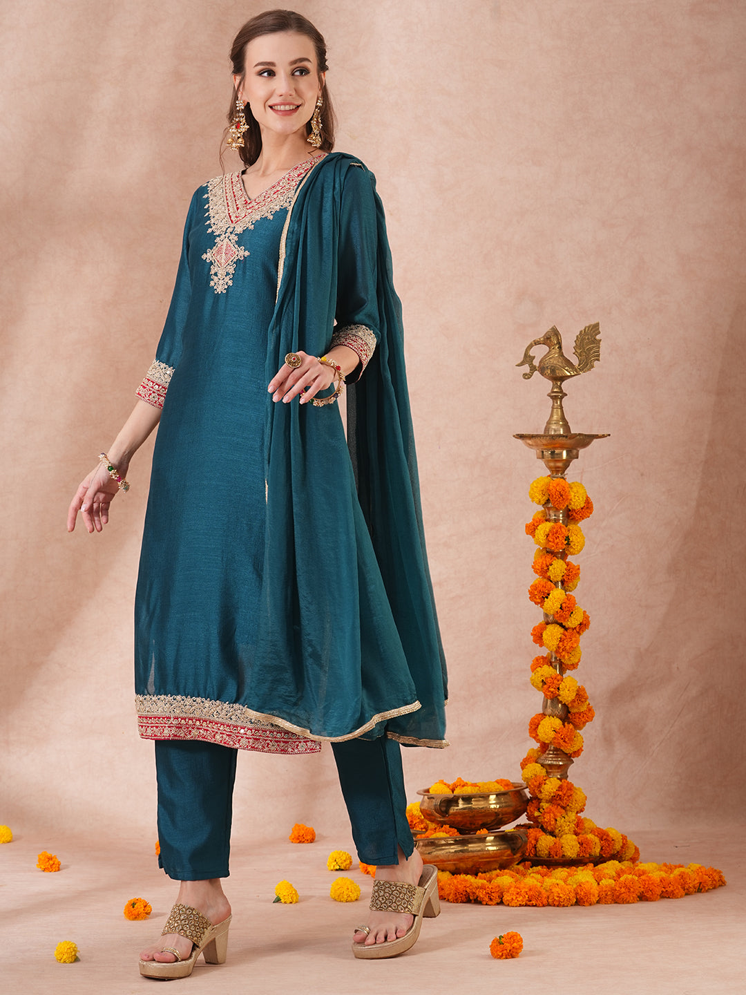 Solid Ethnic Embroidered Straight Fit Kurta with Pant & Dupatta - Teal Blue