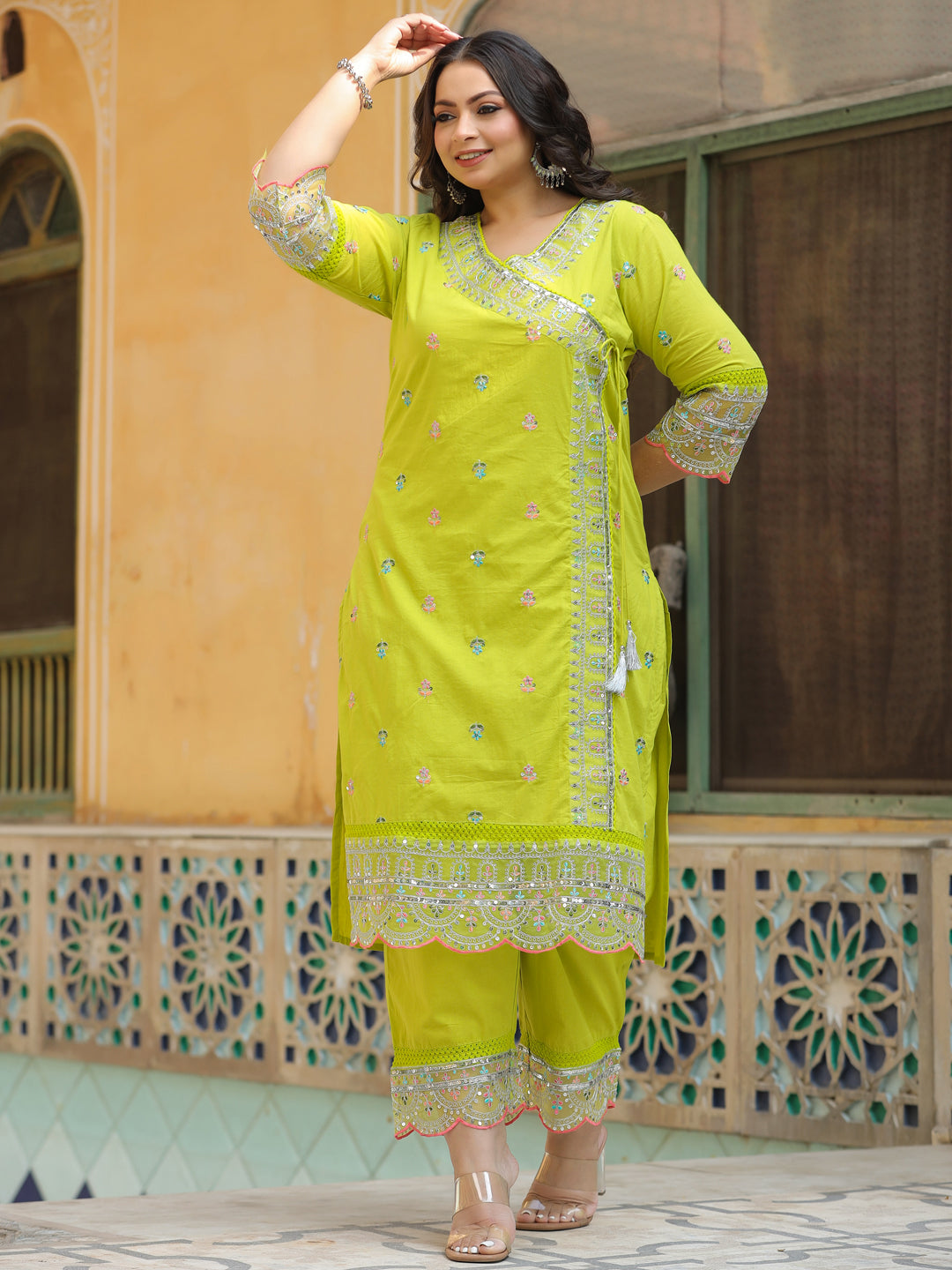 Solid Resham, Sequins & Zari Embroidered Kurta with Palazzo - Lime Green