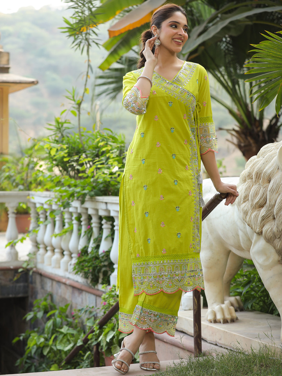 Solid Resham, Sequins & Zari Embroidered Kurta with Palazzo - Lime Green