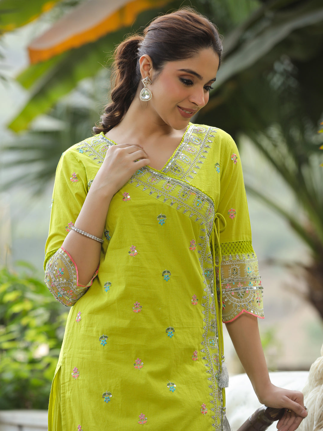 Solid Resham, Sequins & Zari Embroidered Kurta with Palazzo - Lime Green