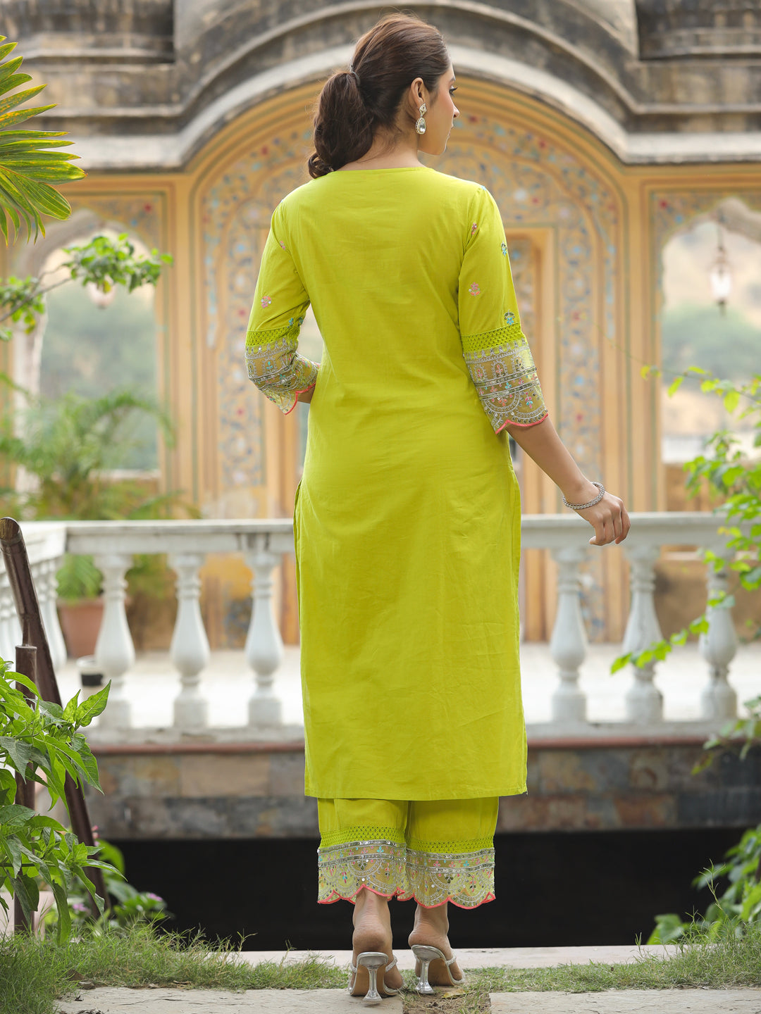 Solid Resham, Sequins & Zari Embroidered Kurta with Palazzo - Lime Green