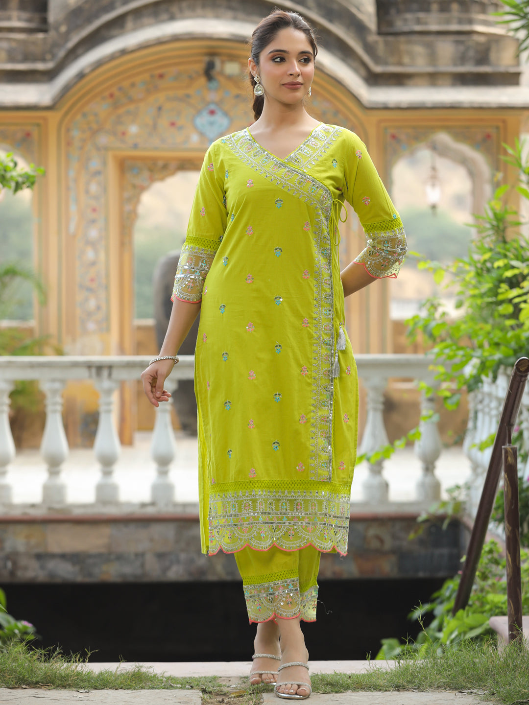 Solid Resham, Sequins & Zari Embroidered Kurta with Palazzo - Lime Green