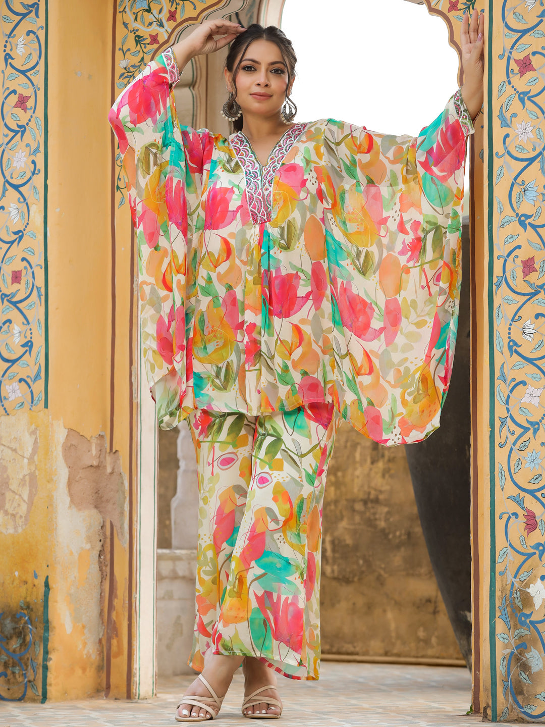 Floral Printed Mirror & Sequins Embroidered Kaftan with Palazzo Indo-Western Co-ord Set - Multi
