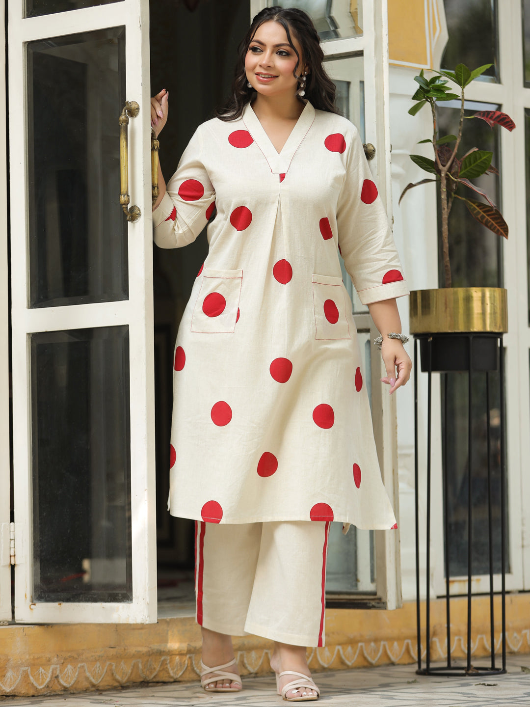 Polka Dot Printed A-Line Co-ord Set - Off White