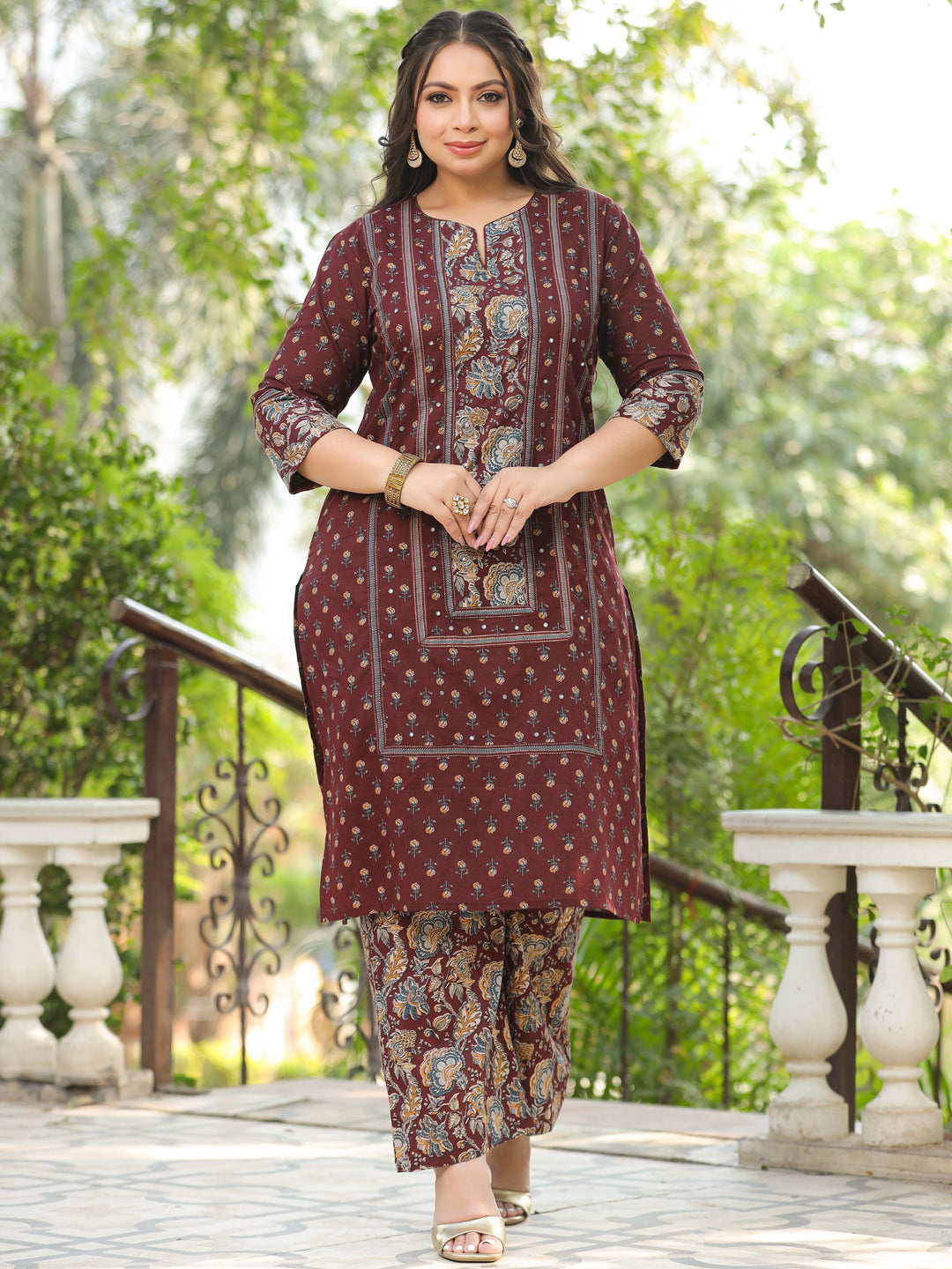 Floral Printed Mirror & zari Embroidered Kurta with Palazzo - Burgundy